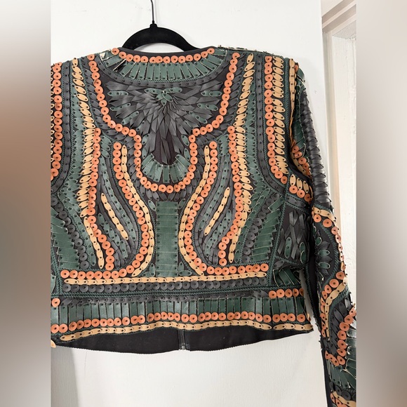 BCBGMaxAzria Runway Green & Tan Embellished Cropped Leather Jacket - Picture 6 of 7